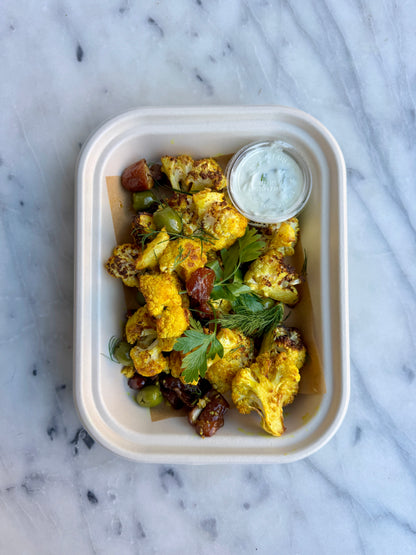 Roasted Cauliflower w. Dates, Olives & Tzatziki (serves 2)