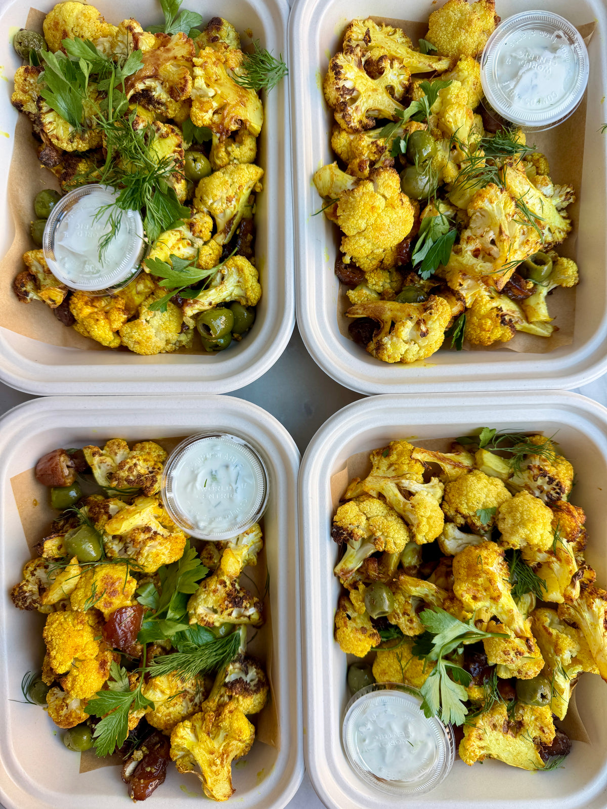 Roasted Cauliflower w. Dates, Olives & Tzatziki (serves 2)