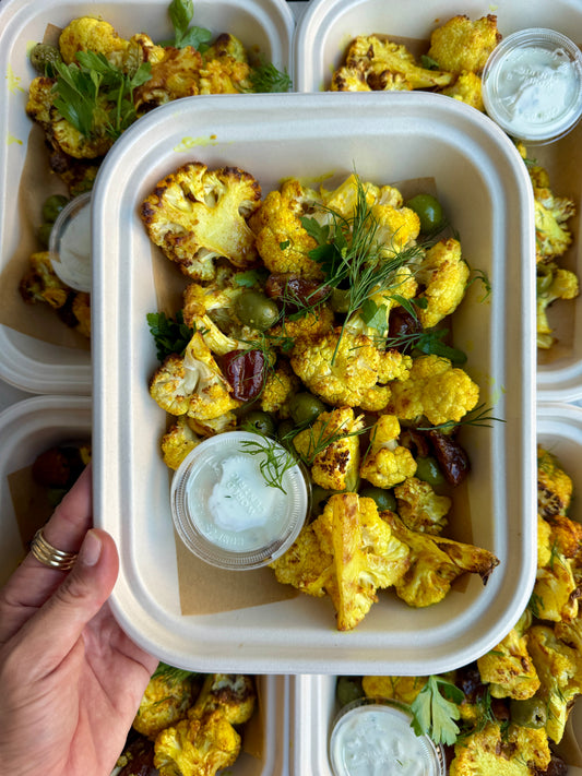 Roasted Cauliflower w. Dates, Olives & Tzatziki (serves 2)