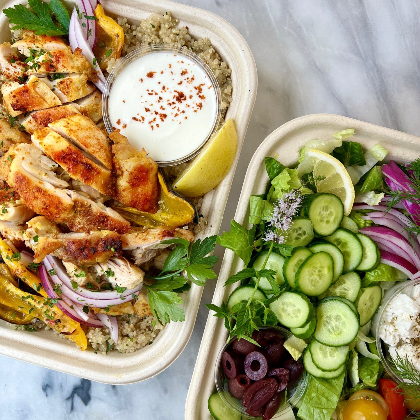 VEGGIE ONLY Gyro Bowls w. Greek Salad & Tzatziki - serves 3-4