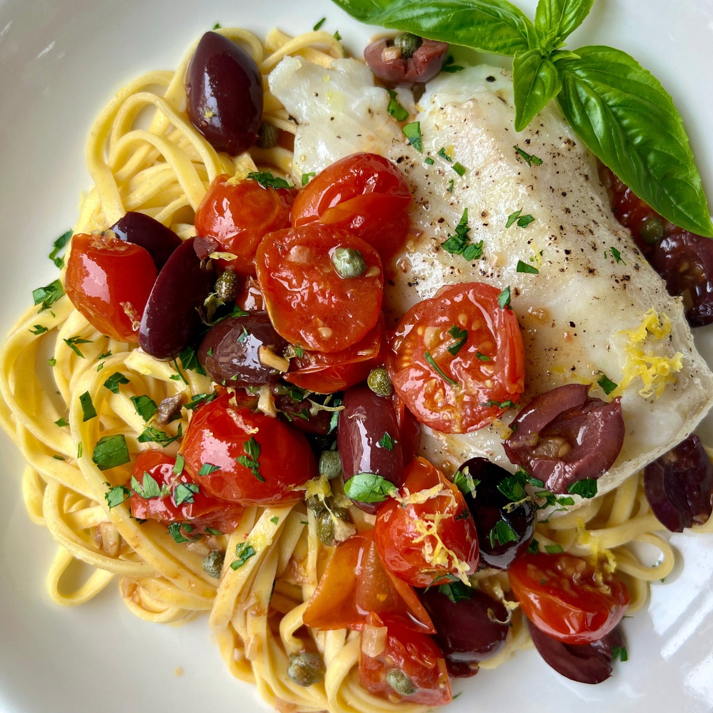 Cod alla Puttanesca w. Fresh Pasta  - serves 2