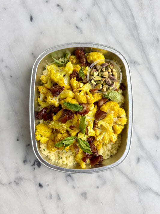 Couscous with Roasted Cauliflower, Dates,  Pistachios & Mint  (serves 4 / Vegan)*