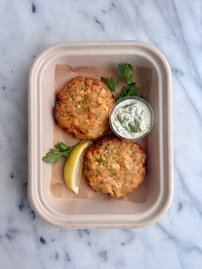 Lemon & Dill Salmon Cakes w/ Homemade Tartar Sauce (serves 2)